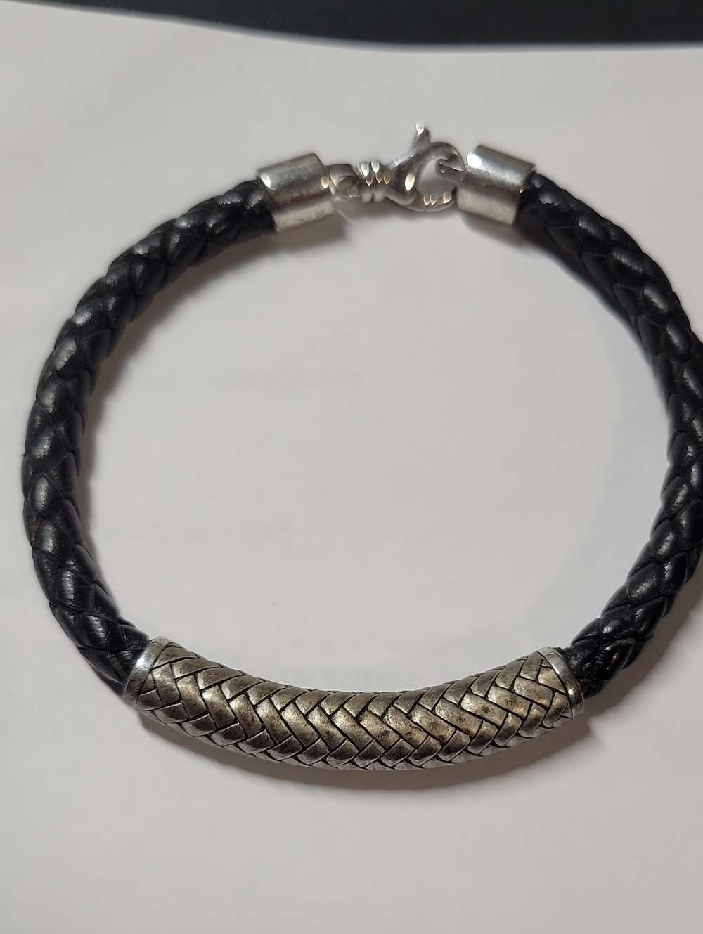Braided Black Leather Bracelet with Silver-Tone Woven Tube